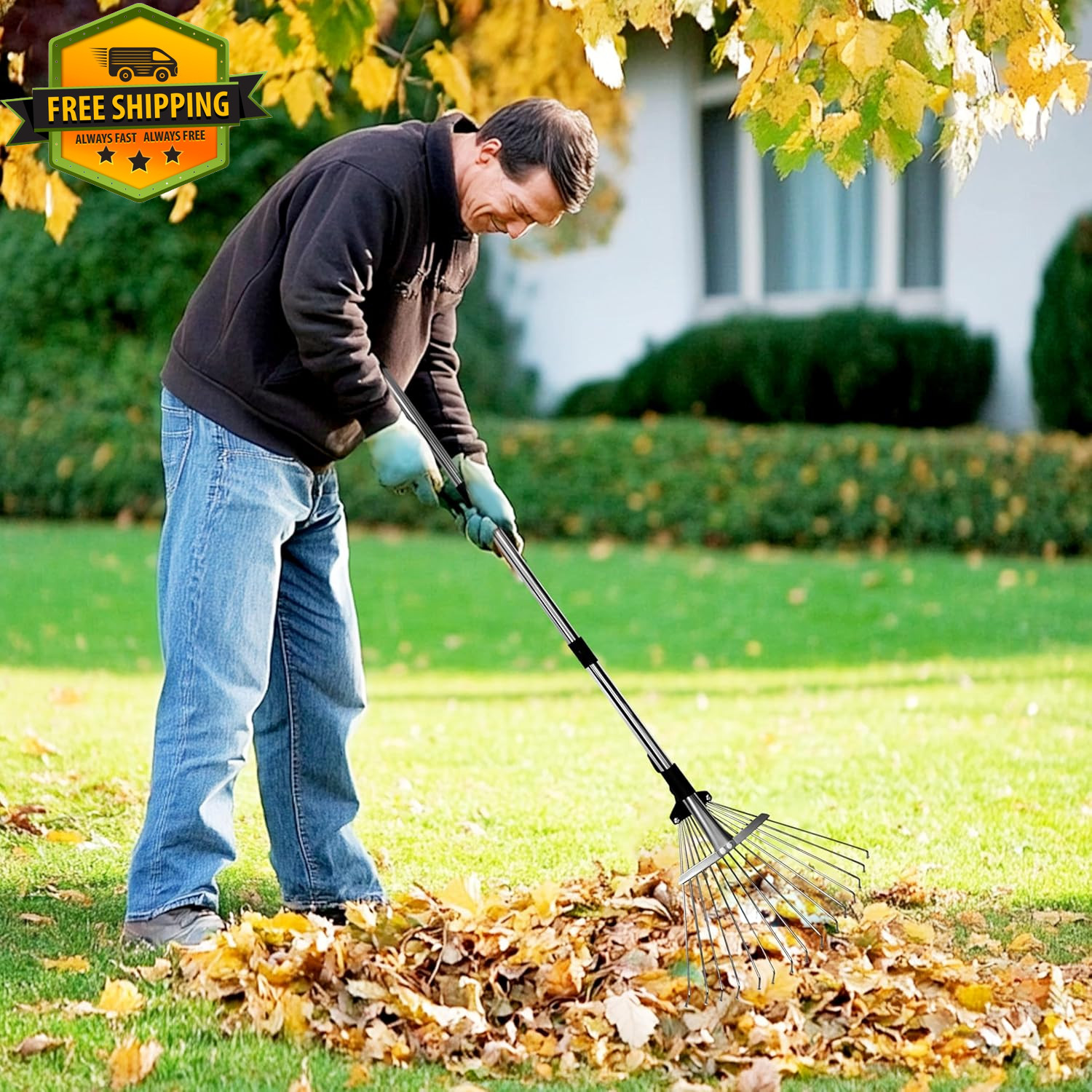 Heavy Duty Adjustable Garden Leaf Rake 33"-69" – Expandable Head 8"-15 Lawn Tool