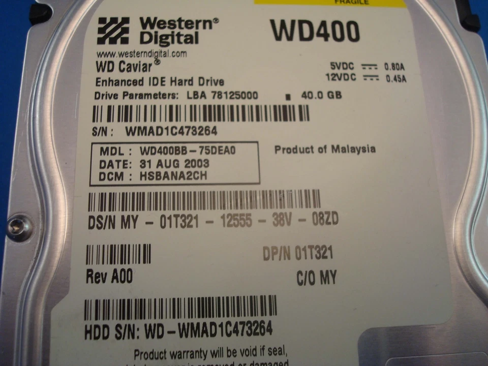 Western Digital WD400 WD400BB-75DEA0 IDE 40GB HSBANA2CH WMAD1 C47 3264 - Image 2 of 3