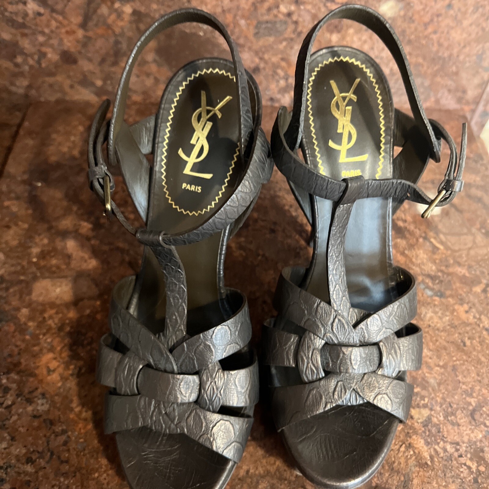 Sandali Yves Saint Laurent in pelle bronzo con plateau omaggio taglia 38