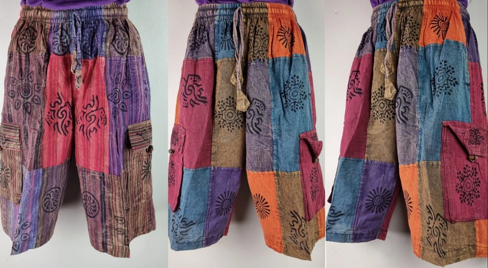 S-5XL Patchwork Elastic Cotton Shorts Hippy Yoga Half Pants Lounge Cargo Combat