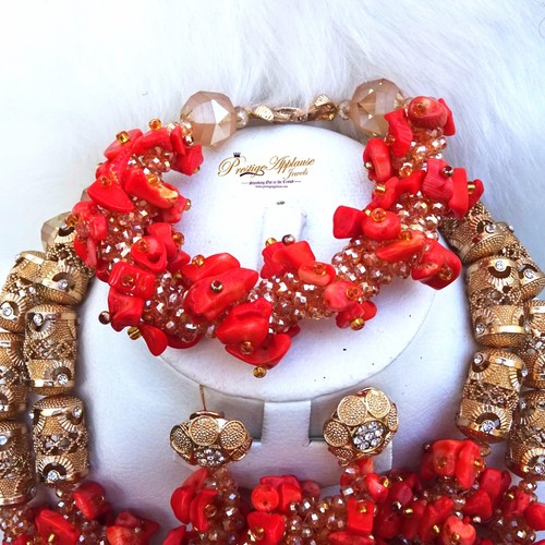 Hermoso Collar Coral Tradicional Novia Boda Coral Africano Nigeriano Joya - Imagen 5 de 8