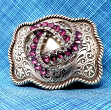 Western Floral Scroll Rhinestone Belt Buckle Cowgirl Statement Vtg 80s  .DBD575