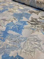 Fabric By The Yard Jacquard Brocade Blue Silver Mapple Leaves Metallic Textured 