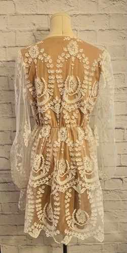 Lace Mesh Floral Plunging Neckline Mini Dress Ivory White Size 8 - Picture 9 of 11