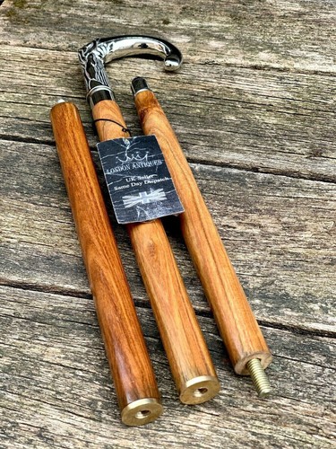 Bastone da passeggio in legno lucido argento massiccio eva Adam Head vintage fatto a mano - Foto 3 di 9