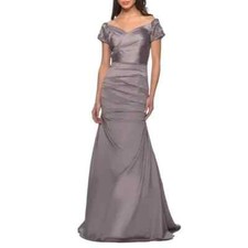 LA FEMME Silver Beaded Off Shoulder Pleated Satin Mermaid Maxi Gown Dress 0 XS