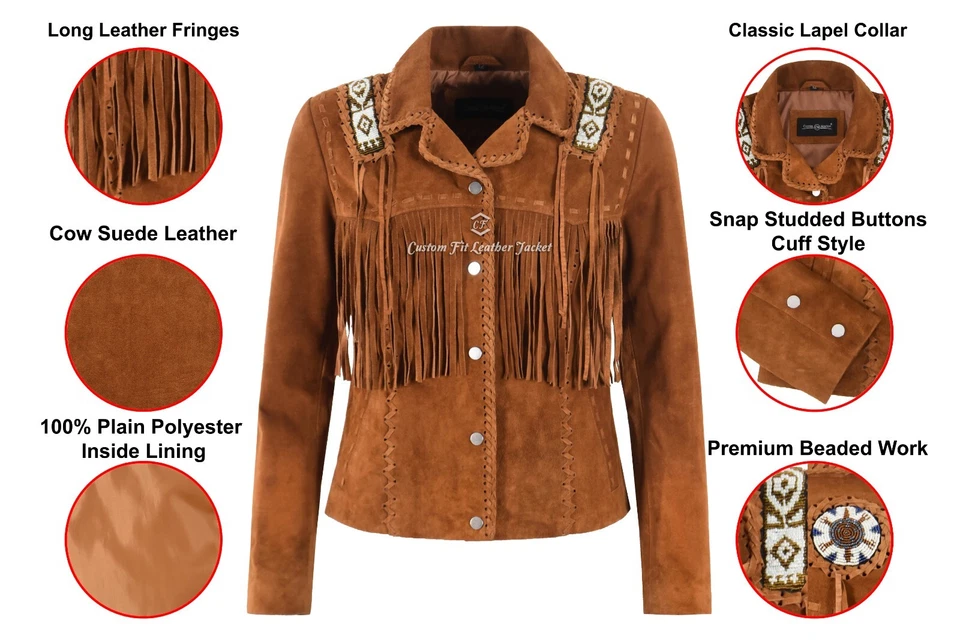 Women's Western Cowgirl Suede Shirt Fringes With Beads Style Real Leather Jacket - Image 2 of 4