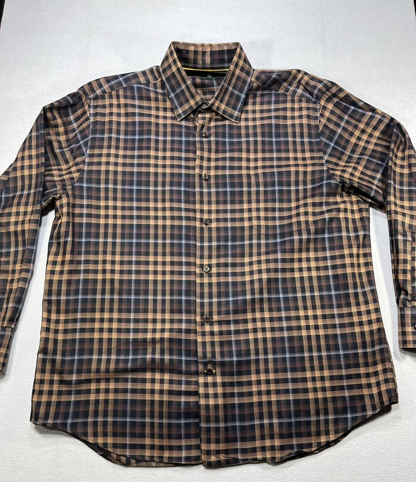 Camisa de vestir larga Robert Talbott para hombre grande marrón gris negra a cuadros con botones delanteros Foto 2 de 4