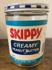 Vintage Skippy Creamy Peanut Butter Glass Jar Metal Lid 1 lb 12 oz 28 oz 1970s