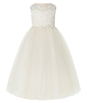 Floral Applique Flower Girl Dress White Lace Dress Ivory Tulle Dresses 220