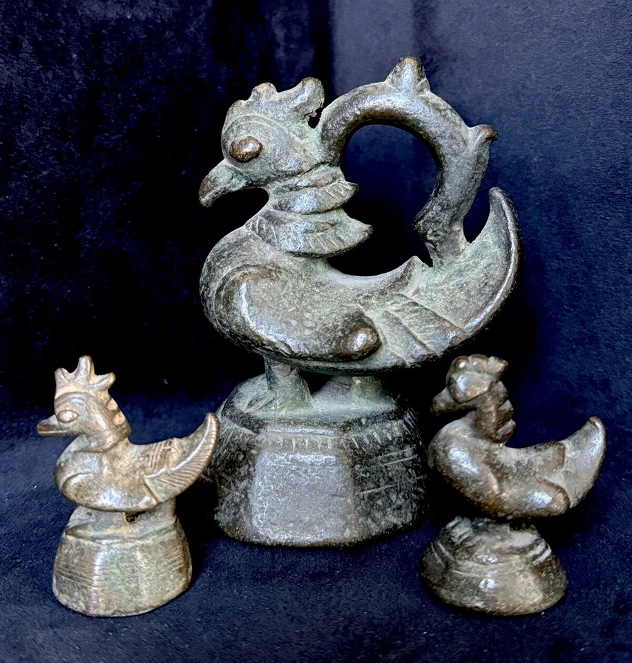 Antigo c. 1820 birmanês mianmar conjunto de 3 pesos de ópio de frango pátina natural - Imagem 2 de 4