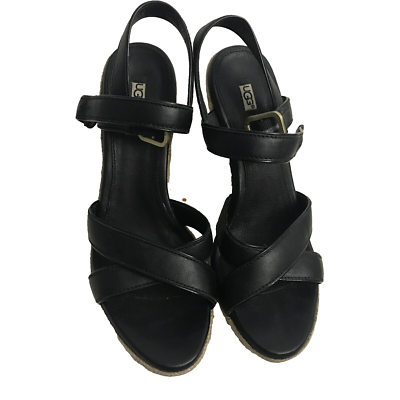 UGG JACKILYN BLACK LEATHER STRAPPY WEDGE SANDAL HEELS SIZE US WOMENS  1004307