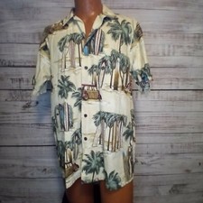 Vintage RJC Shirt Mens L Button Up Beige Hawaiian Camp Surfing Beach Woody USA
