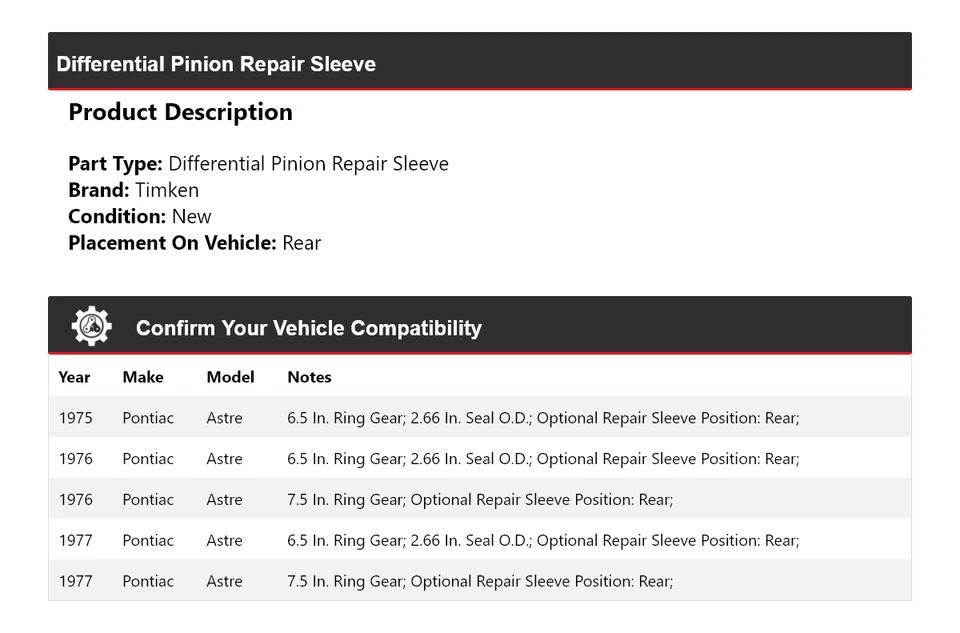 For 1975-1977 Pontiac Astre Differential Pinion Repair Sleeve Rear Timken 1976 - Image 2 of 4