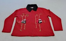 Vintage Haband Boutique Panda Bear Embroidered Zip Up Jacket Red Faux Fur Collar