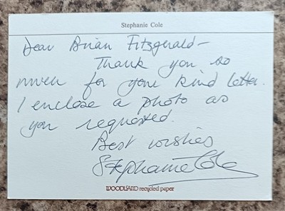 Stephanie Cole - Alle Stunden geöffnet, Warten auf Gott handsignierte Note AFTAL COA