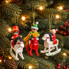 Vintage Wooden Rocking Horse Rider Christmas Ornaments Set of 3 Hand Painted Hol