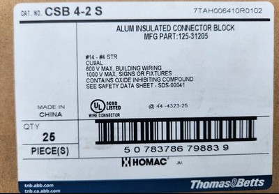 (25 Pk) Homac CSB 4-2 S Alum Insulated Connector Block #14-#4 STR CU9AL ...
