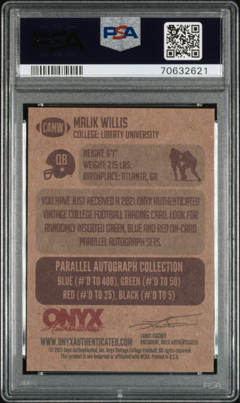 MALIK WILLIS  2021 Onyx Vintage Auto /400 #CAMW | Liberty PSA 10 GEM MINT POP 2 view 3
