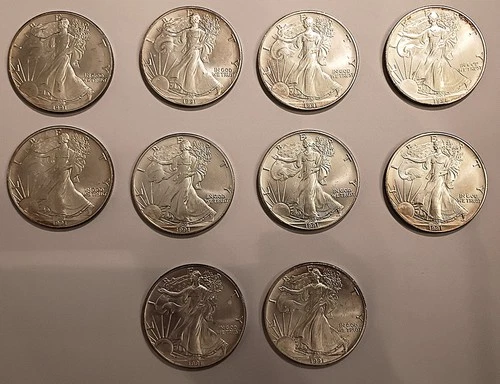 Lot of 10 1991 American Silver Eagle Dollar Coin 1 Ounce .999 SilverBullion
