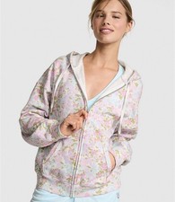 NWT Victoria  s Secret PINK Campus Fleece Zip-Up Snow Heather Floral Hoodie SZ XS