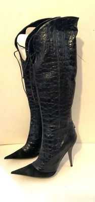 Bottes Bout Pointu En Cuir Et Daim Noir -Luca Valentini- Made In Italy-Taille 40 - Photo 1/4