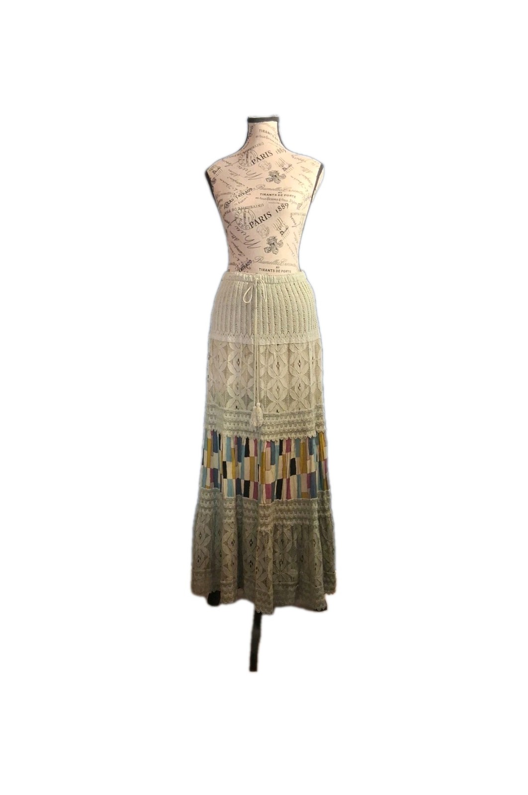 Crochet Knit Lace Patchwork Womens  Maxi Skirt Boho Tiered Cream Multi M