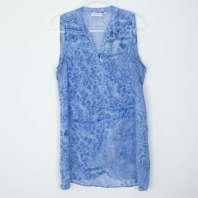 Susan Graver Womens Paisley Sleeveless Tunic Blouse Size 14 Blue Sheer Coastal