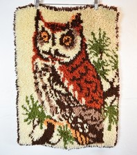 Vintage 1970s Finished Malina Owl Latch Hook Rug / Wall Hanging - Yellow and Bro