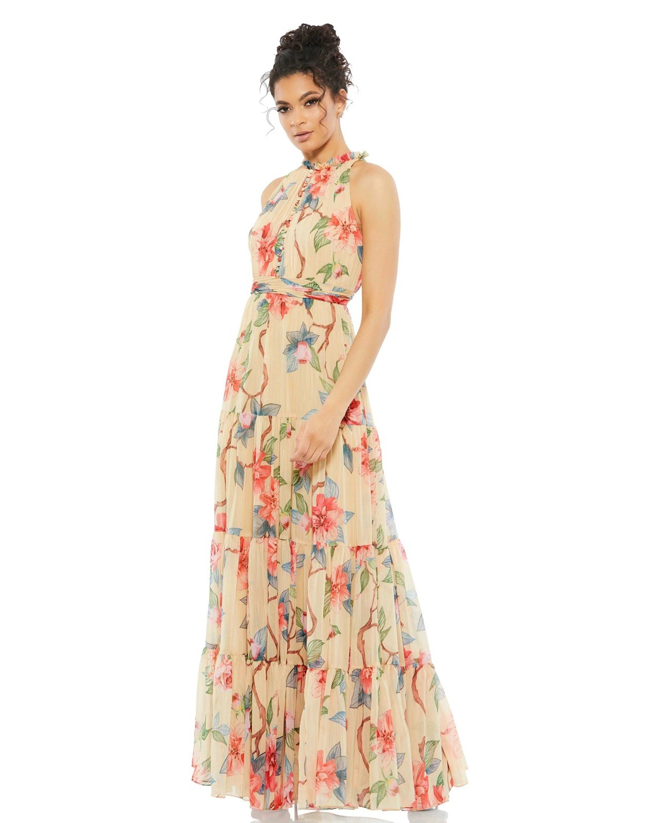 Mac Duggal Nude Multi Floral Chiffon Maxi Dress Size 0 $278