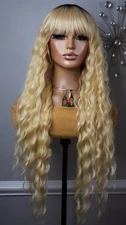 New Long Wavy Blonde Human Hair Blend Full Cap Curly Wig Bangs Style Womens Wigs