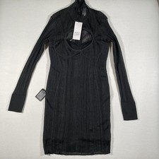 Herve Leger Dress Womens Medium Black Cut Out Knit Mini Bodycon Long Sleeve READ