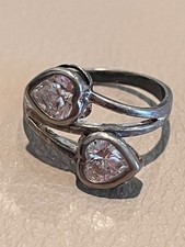 Vintage Sterling Silver Double Heart CZ Cubic Zirconia Ring - size 6