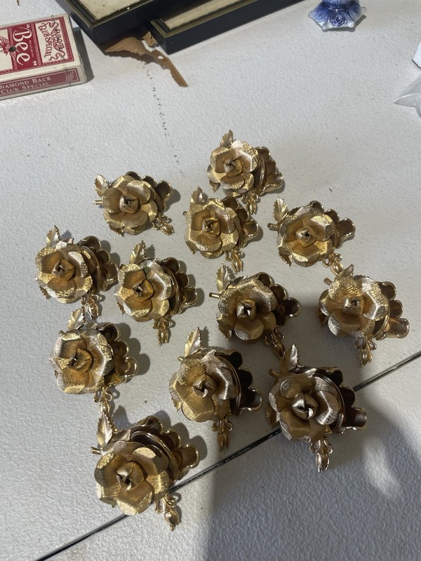 Lot of 12 Vintage Hollywood Regency Gold Rose Drawer Pulls 