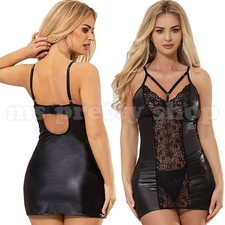 Faux Leather Cami Dress PU Sexy Front Lace Mesh V-neck & Thong Knickers Black