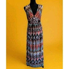 R&M Richard's Women's Size 14 VNeck Maxi Dress Geometric Jeweled Tie Peach Brown
