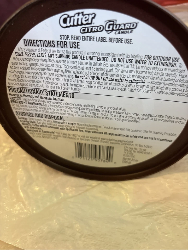 Cutter Citro Guard Candle 3 Wick New 20 Ounce Made w/ Real Citronella Oil Handle - Image 4 of 4