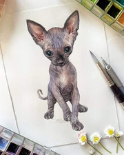 Original Watercolor Sphynx Kitten 6x8 Painting Unique Artwork Wall Art