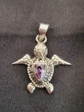 Sterling Silver 925 Turtle Pendant With Purple Crystal Handcrafted