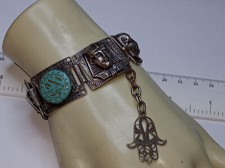 EGYPTIAN REVIVAL SILVERTONE TURQUOISE STONE  BRACELET 7/8"X 7 - 8" MADE INFRANCE