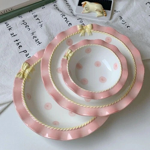 INS Style Korean Style Girl Heart Pink Ceramic Tableware Set Bow Cute Deep Plate - Image 3 of 4