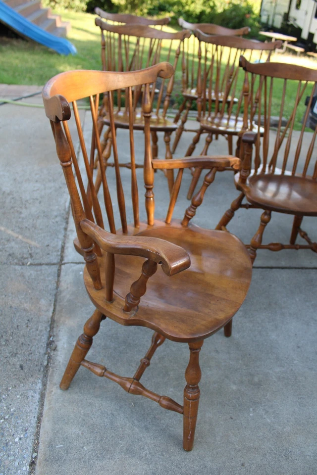 Conjunto de Cadeiras Windsor Vintage S. Bent & Bros. Colonial Fiddleback 6 Capitães Bordo - Imagem 2 de 4
