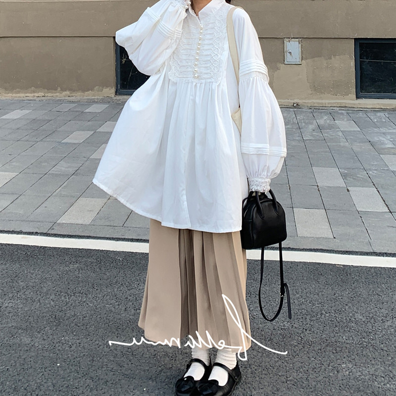 Japanese Women Mori girl Retro stand collar loose long sleeve