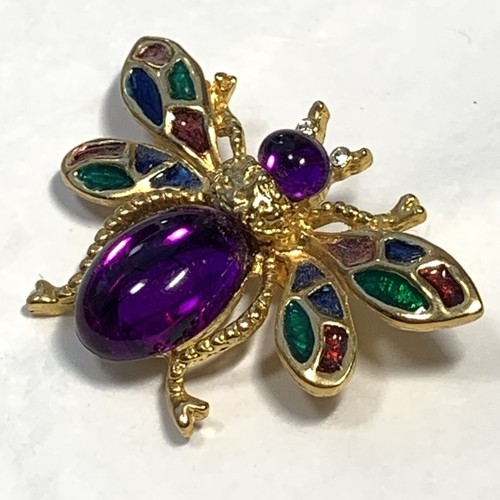 VINTAGE Gold Tone Enamel Rhinestone Lucite BEE PIN Purple Jelly Belly - Picture 3 of 8