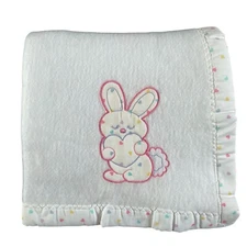 Vtg Cuddle Time Baby White Blanket Pink Bunny Hearts ST Desings USA 34x44