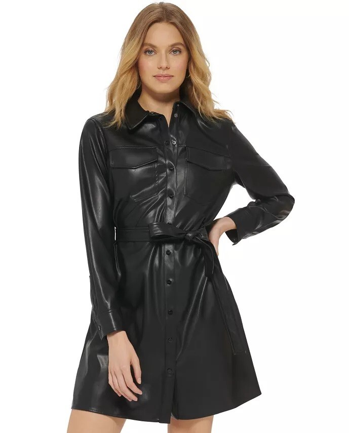 black DKNY Women's Faux-Leather Snap-Closure Belted Dress XL | eBay