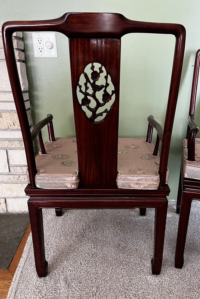 Sillas ornamentadas estilo Chippendale (2 piezas) cojines de seda de madera rosa chinoiserie asiática Foto 4 de 4