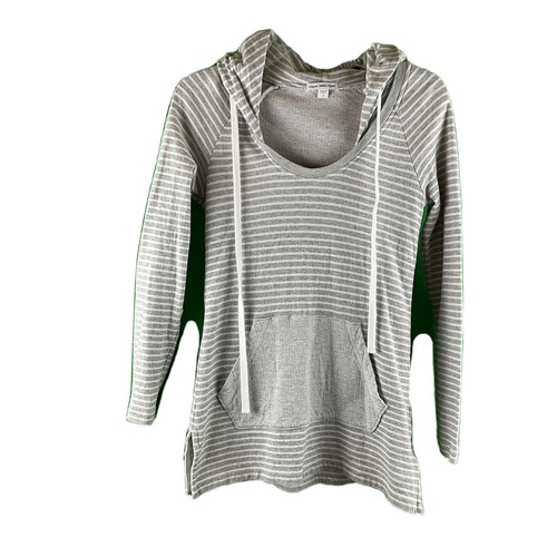 James Perse Womens Hoodie Pullover Contrast Kangaroo Pockets Gray White Stripe S