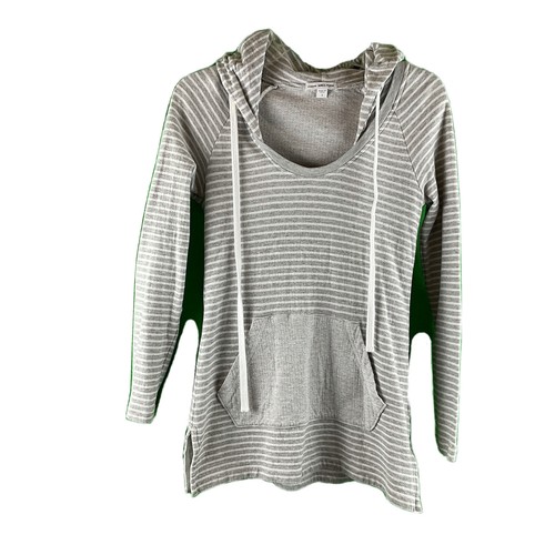 James Perse Womens Hoodie Pullover Contrast Kangaroo Pockets Gray White Stripe S - Picture 1 of 9