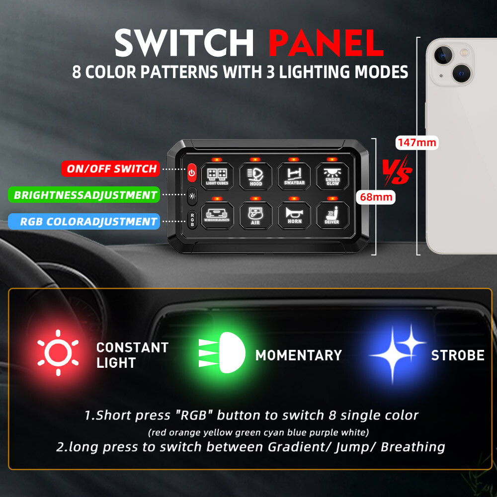 8 Gang Switch Panel RGB Back Light for Can-Am Polaris RZR UTV ATV 8 Gang Switch Panel RGB Back Light for Can-Am Polaris RZR UTV ATV
